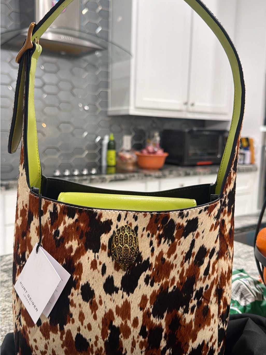Kurt Geiger Cowhide-Print Bucket Bag With Lime Green Trim